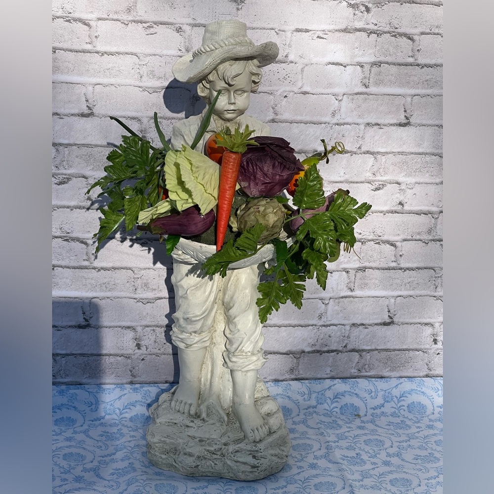 SOLD!!! Farmer Boy Stone with vegetables statue, keep it indoors.